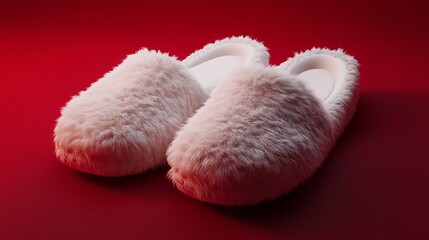 Closeup of red slippers isolated on white background. fluffy warm soft and cozy material home or house footwear, pair of comfortable female indoor shoes, casual