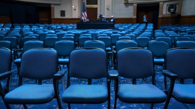 Empty blue chairs in a large hall, awaiting an audience or meeting.