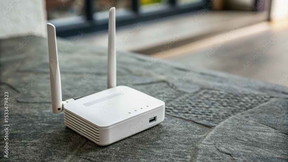 Poster wifi extender concept. white wireless router on a textured surface in a modern setting.