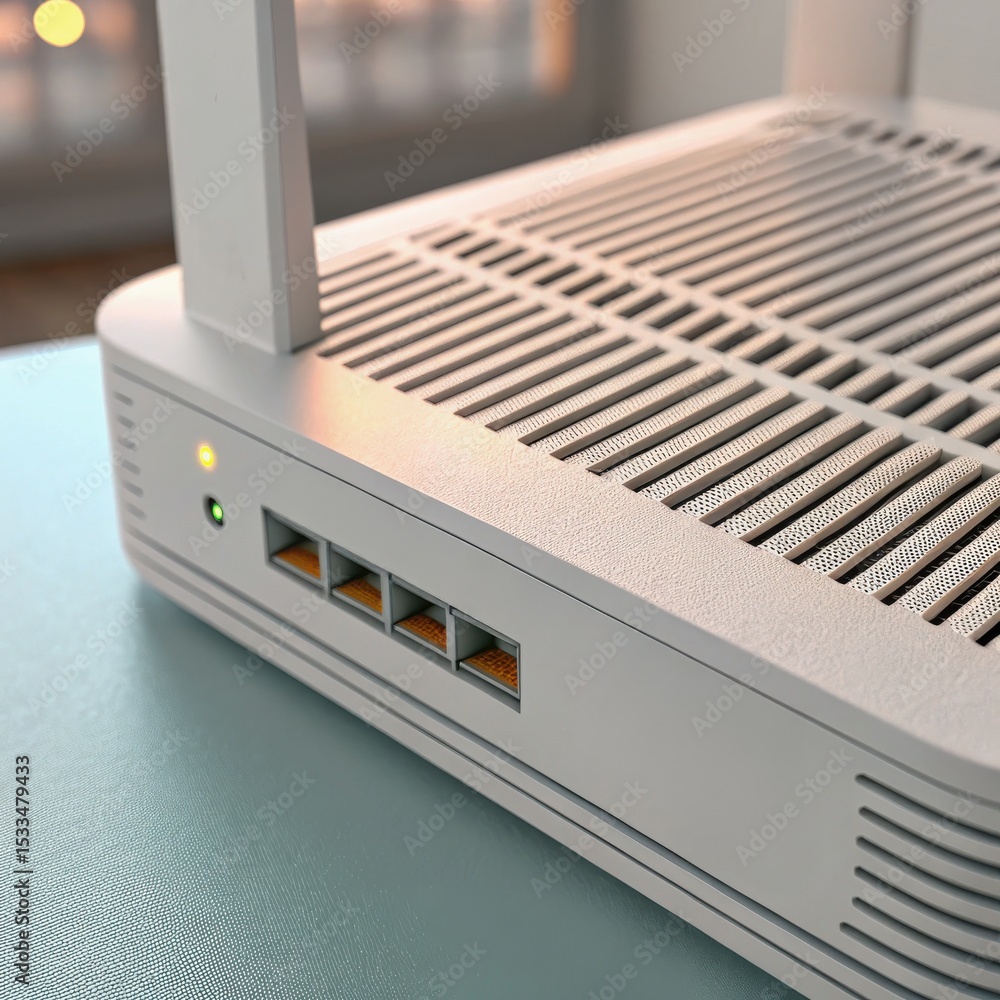 Poster wifi extender concept. modern router with multiple ports and led indicators.