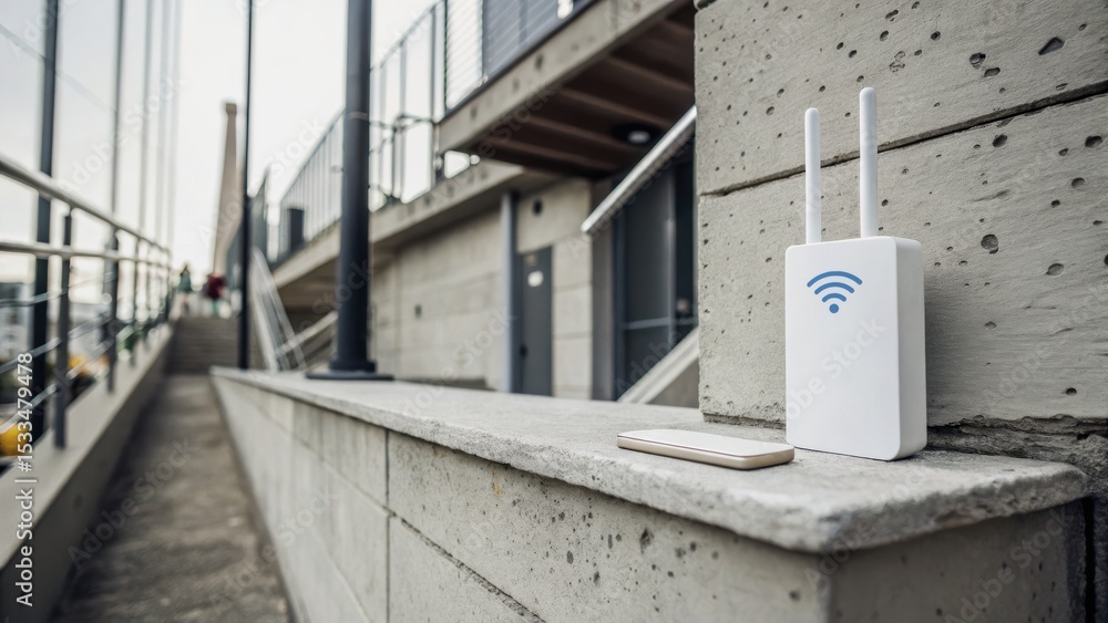 Poster wifi extender concept. wi-fi router placed on a concrete ledge in an urban setting.