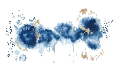 Abstract watercolor blue shape on white background. Color and gold splashing stain vector