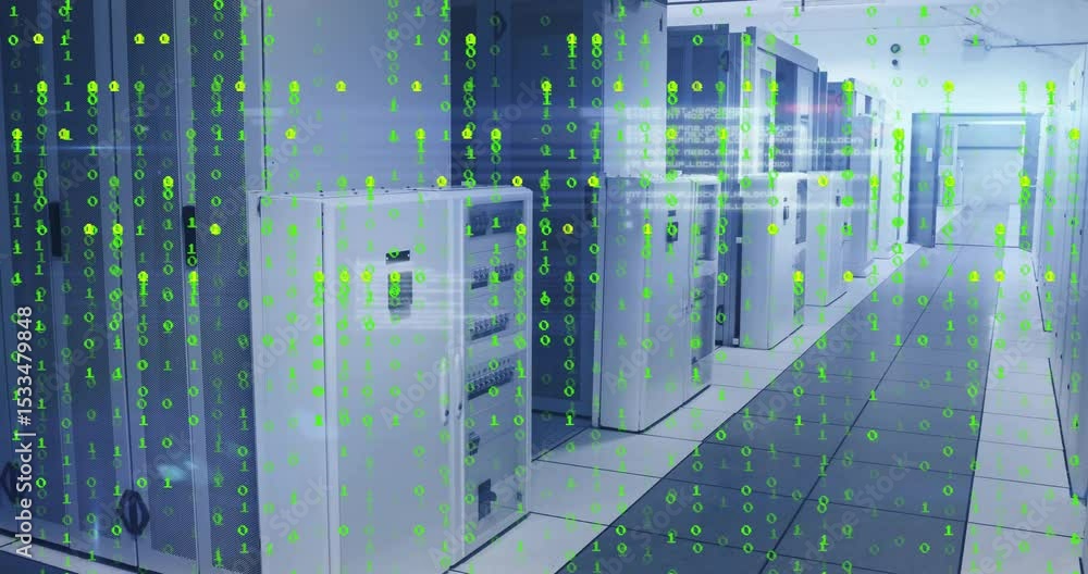 Poster binary overlay emerging over server cabinets starting code streams thinning revealing far exit
