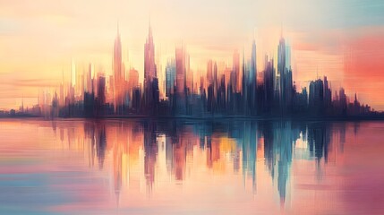 Obraz premium Abstract painting of a colorful city skyline reflected on calm water at sunset