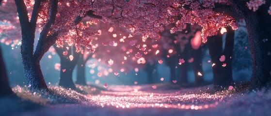 Vivid Voxel Cherry Blossom Scene with Shimmering Petals in Spring