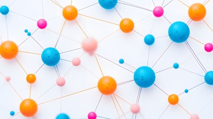 Colorful 3D network of interconnected spheres on a white background