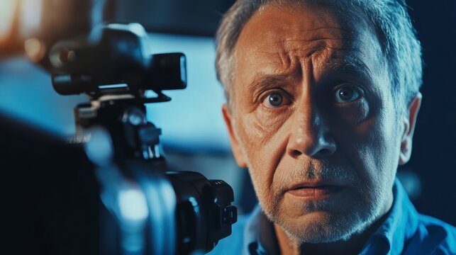 Close-up portrait of a shocked senior man looking directly at the camera, with a blurred camera in the foreground.