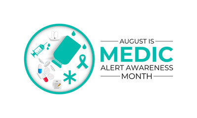Illustration on the theme of Medic Alert Awareness Month. Promote Emergency Medical ID Safety. Creating for web banner, cards, prints, social media, poster, flyer and background design template.