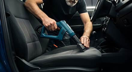 Man cleaning car interior with vacuum cleaner, deep detailing of car seat upholstery, auto care and hygiene maintenance, modern vehicle interior cleaning service