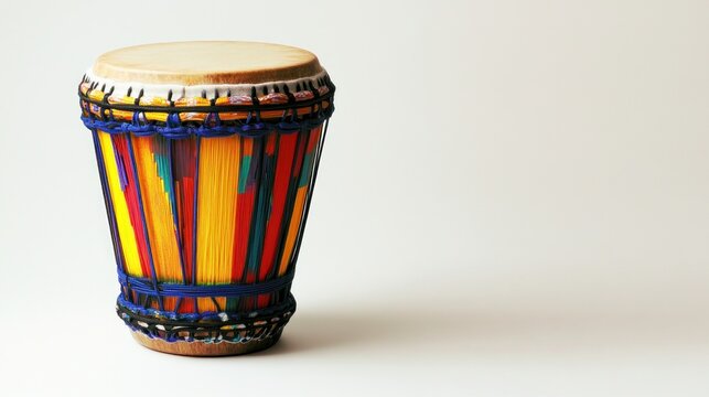 A bongo drum with vibrant colors, leaving ample space on the right for text, set against a white background