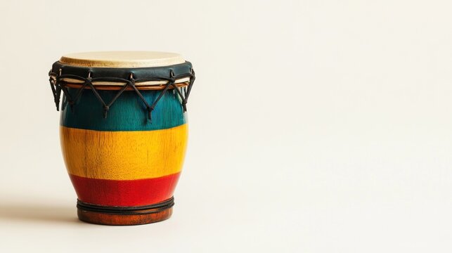 A bongo drum with vibrant colors, leaving ample space on the right for text, set against a white background