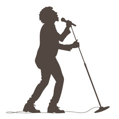 Vector silhouettes illustrate men playing golf and a man with a microphone, capturing the essence of sport and music