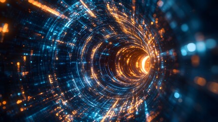 Obraz premium Futuristic glowing digital tunnel with orange and blue light trails in motion