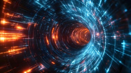 Futuristic glowing digital tunnel with orange and blue light trails in motion