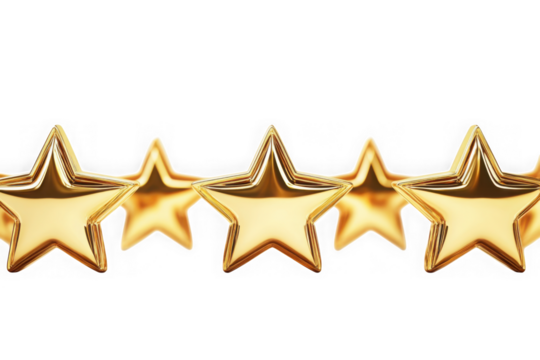 Five golden stars vector illustration, rating system, achievement, success, quality, award, isolated on transparent background