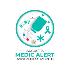 Illustration on the theme of Medic Alert Awareness Month. Promote Emergency Medical ID Safety. Creating for web banner, cards, prints, social media, poster, flyer and background design template.