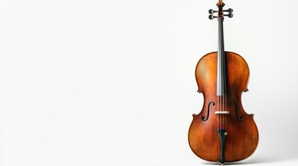Obraz premium A cello with a dark wooden finish, leaving space for text on the right side, set on a white background