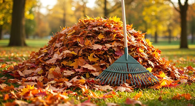 Wooden rake on autumn leaves, fall foliage cleanup concept, close-up of seasonal garden maintenance, colorful maple leaves on the ground, autumn gardening tools scene