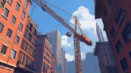 A cityscape featuring tall buildings and a visible crane at a construction site, viewed from below