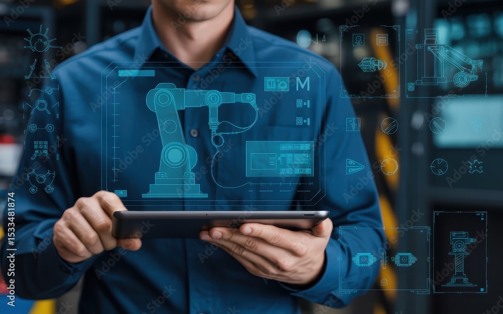 Aufkleber person using a tablet displaying industrial robot schematics.