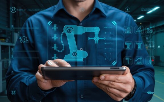 A person uses a tablet to view a digital representation of a robotic arm in a factory setting.