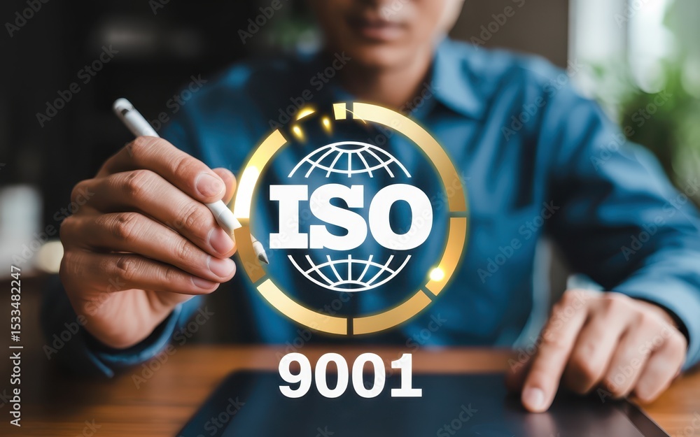 Poster person using a stylus to interact with an iso 9001 graphic.