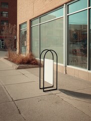 A blank, arched, black metal sign stands on a sidewalk outside a brick building with large storefront windows reflecting sunlight