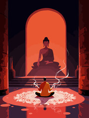  buddhist monk making mandala, beautiful image with surreal light in the temple