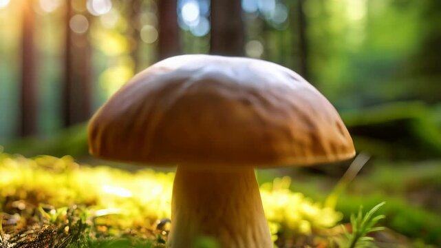 Single boletus mushroom illuminated by sunlight growing in the forest amongst moss and small plants