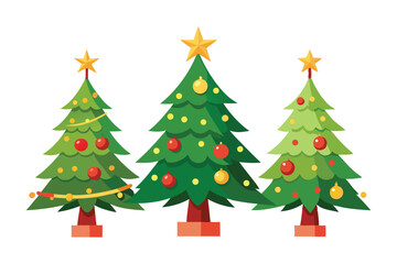 Three Christmas Trees Decorated with Baubles and a Star on Top Isolated