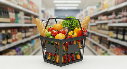 Grocery basket full of fresh fruits and vegetables in supermarket aisle, healthy organic food shopping, nutrition and diet concept, variety of produce in grocery store, consumer goods and retail scene