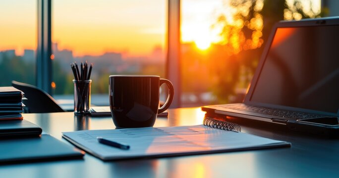 Sunset illuminates a modern office desk with laptop, coffee mug, paperwork, and stationery