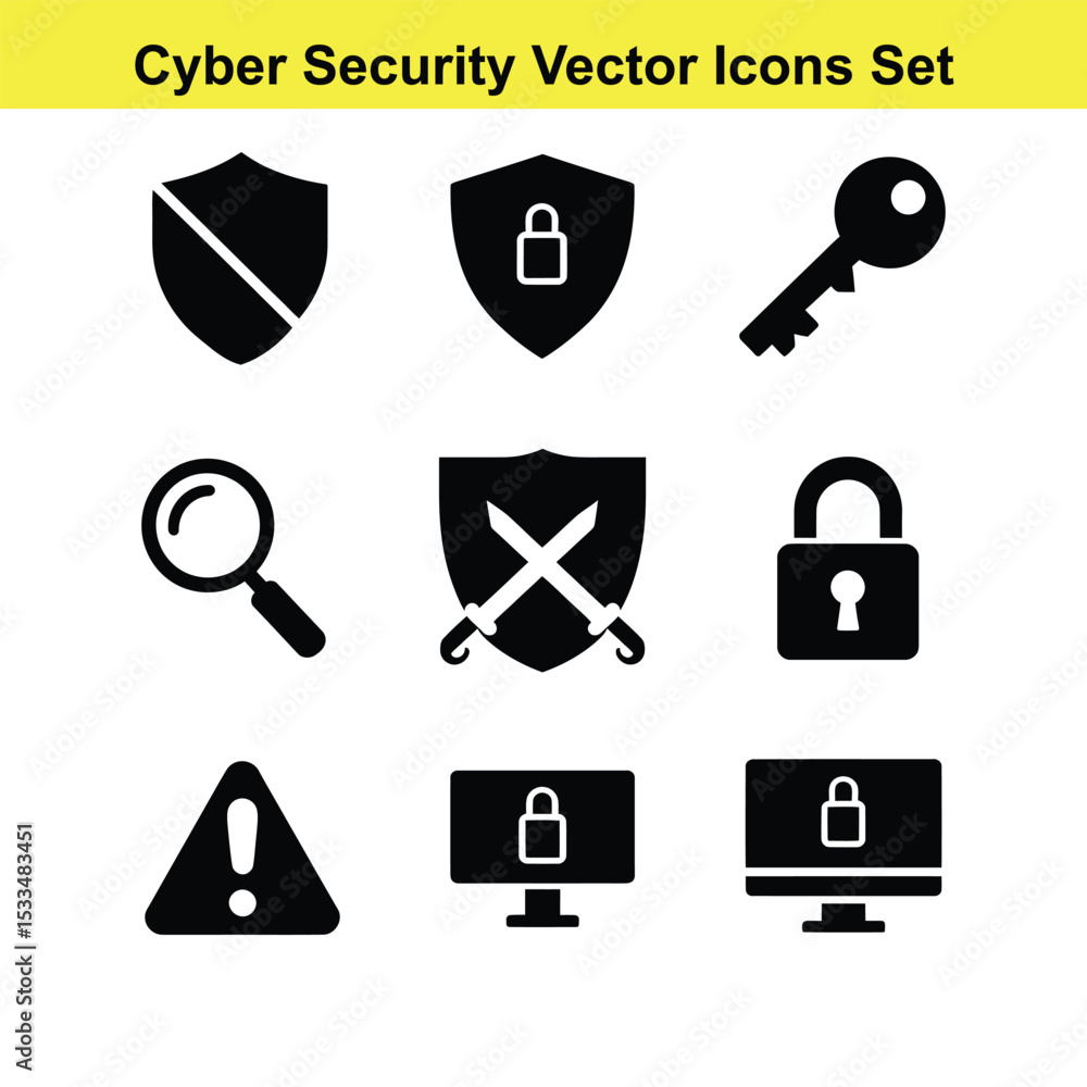 Poster collection of security icons shields locks keys and warning signs