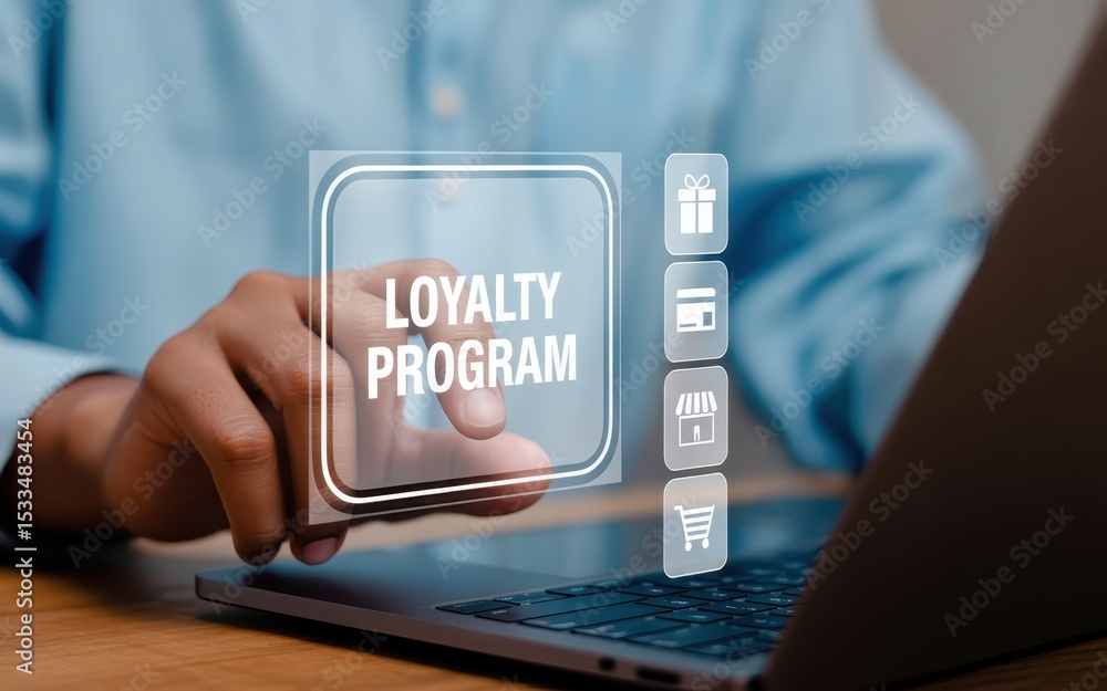 Poster person interacts with a loyalty program interface on a laptop.