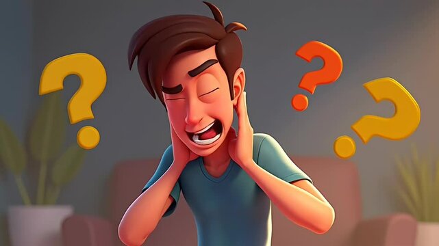 Confused cartoon guy surrounded by floating question marks  
