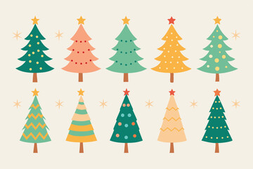Obraz premium Colorful Christmas Trees with Stars and Ornaments in a Fun and Festive Holiday Pattern