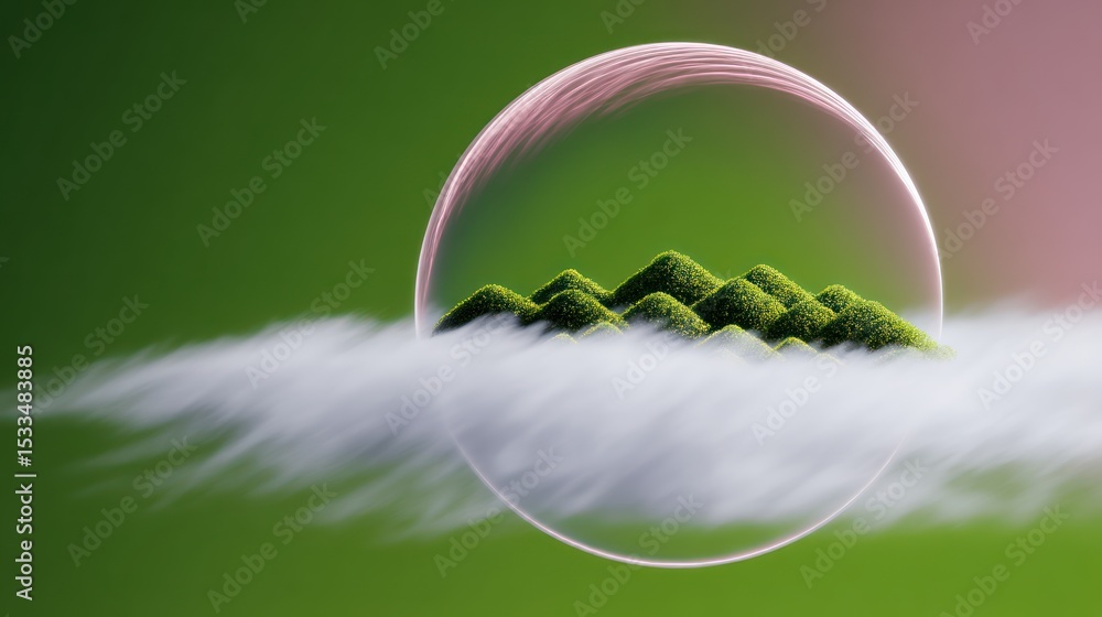 Poster surreal village inside transparent bubble floating above clouds