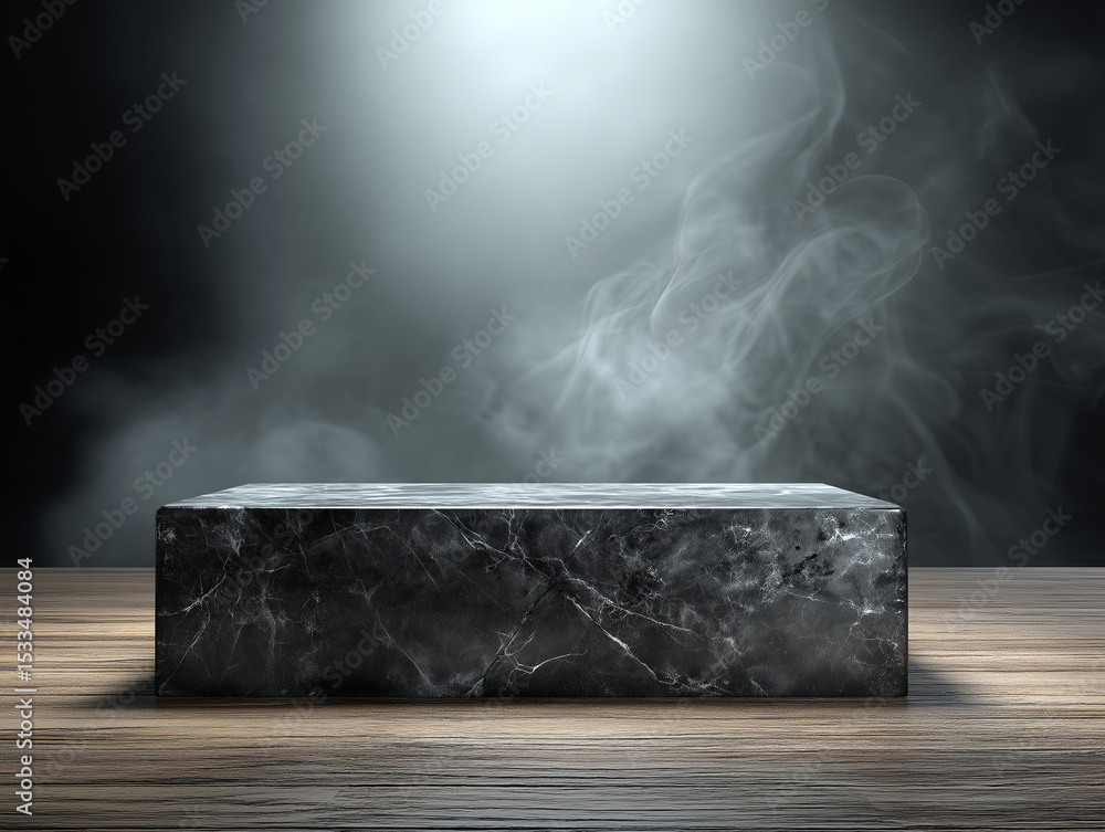 Poster empty black marble table podium with dark stone and floating smoke, elegant product display backgrou