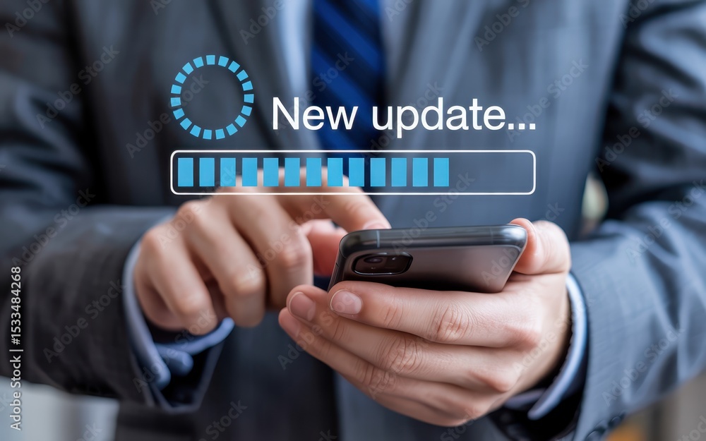 Poster a person interacts with a smartphone displaying a new update.