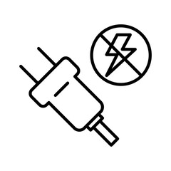 Black outline icon of a plug with a banned symbol. Represents prohibition or electric danger.