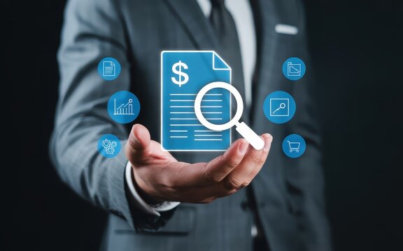 Businessperson holding a digital document with a magnifying glass, showcasing financial data.