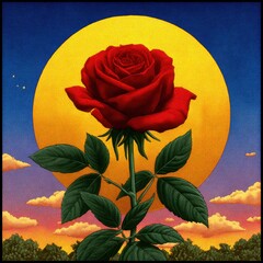 Radiant red rose against golden sunset nature illustration tranquil garden vibrant colors artistic perspective