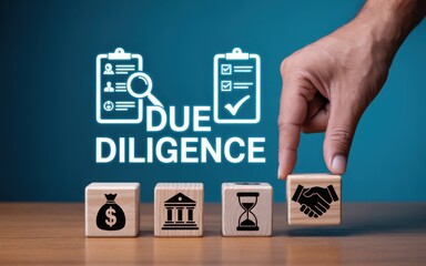 Wooden blocks with icons illustrating due diligence process.