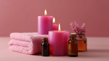 Relaxing candle ritual with essential oils spa setting still life calm environment close-up perspective