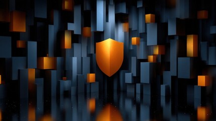 Abstract security concept with shield and cubes in digital environment graphic design modern aesthetics