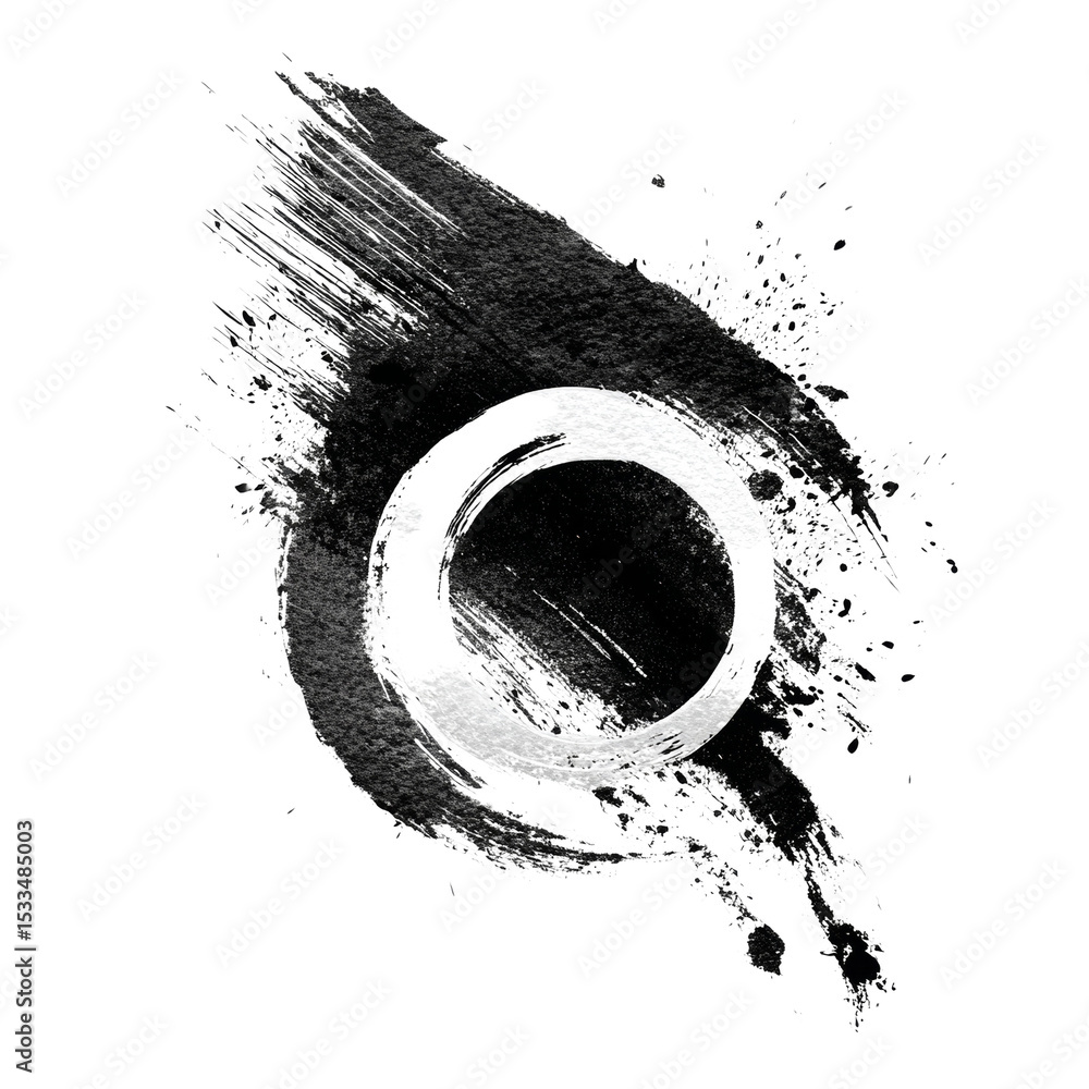 Poster monochromatic abstraction featuring a circle and expressive brushstrokes