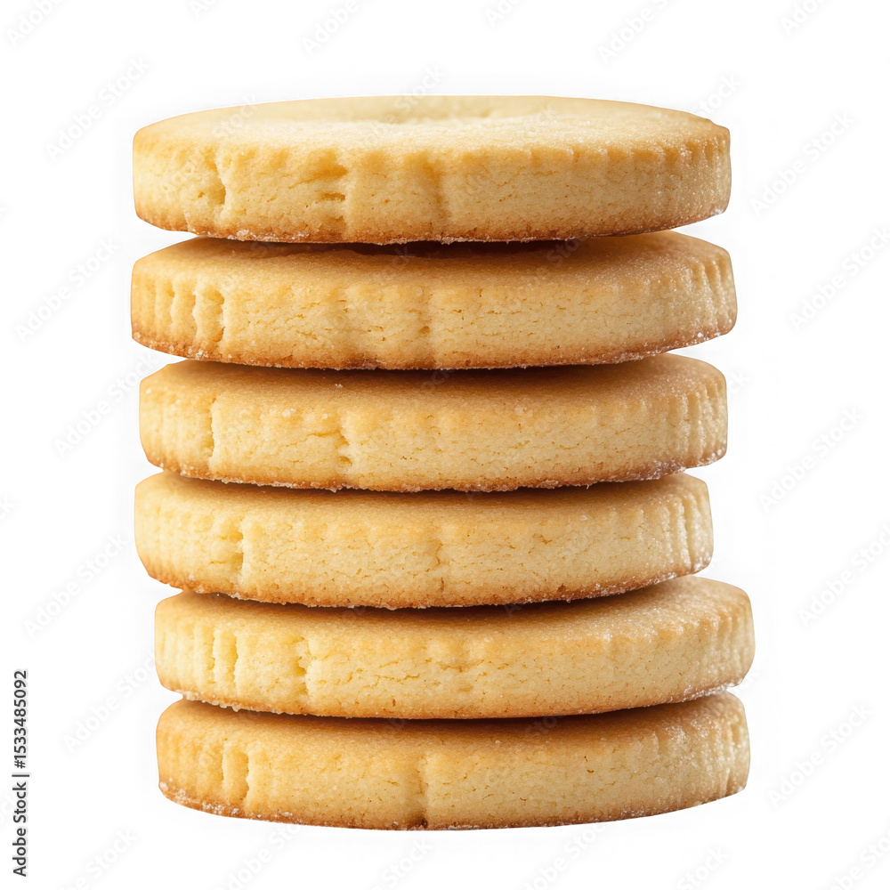 Poster stack of six round butter cookies isolated on transparent background
