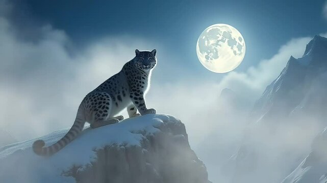 Snow leopard standing on peak in moonlit foggy night  

