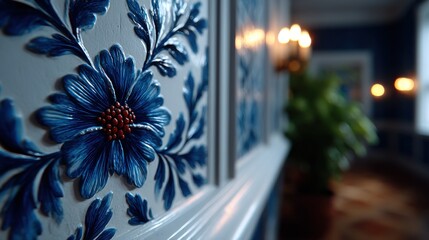Intricate floral wall design elegant interior decorative art upscale setting close-up perspective aesthetic excellence for home decor