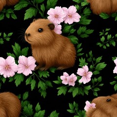 Cute guinea pigs surrounded by flowers nature scene digital art floral background vibrant colors